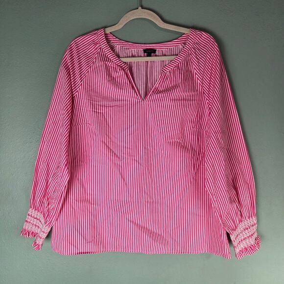 Talbots Tops - Talbots Womens Pink White Butterfly Stripe Smocked Cuff Raglan Popover Blouse L